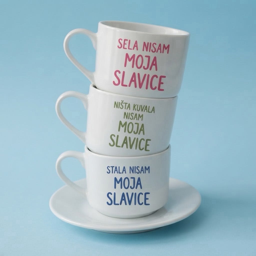 Tri bele šolje sa tacnama, natpisi Sela nisam moja Slavice, Ništa kuvala nisam moja Slavice i Stala nisam moja Slavice